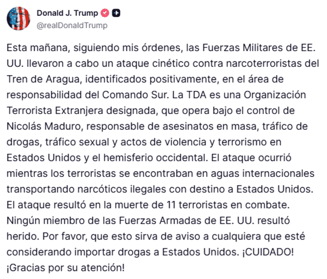 Publicación de Donald Trump en Truth Social en la que confirma ataque de EE. UU. a embarcación proveniente de Venezuela.