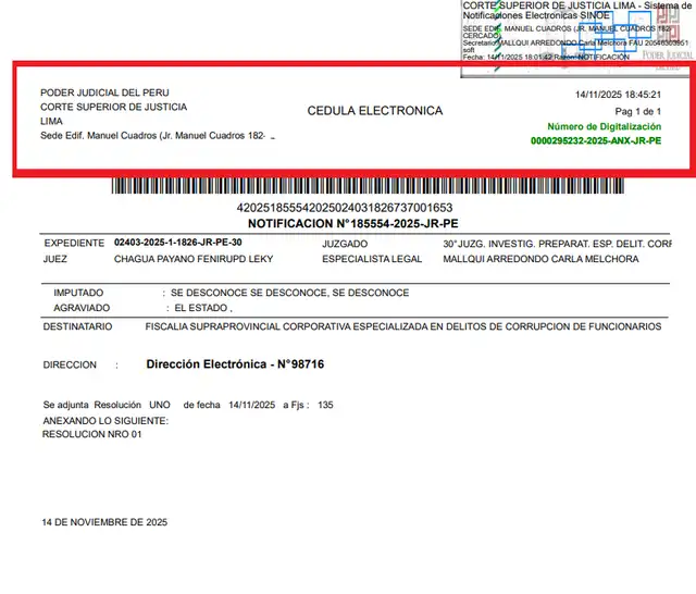 Orden que emitió el Poder Judicial por el caso del hermano de Óscar Acuña. Foto: difusión   