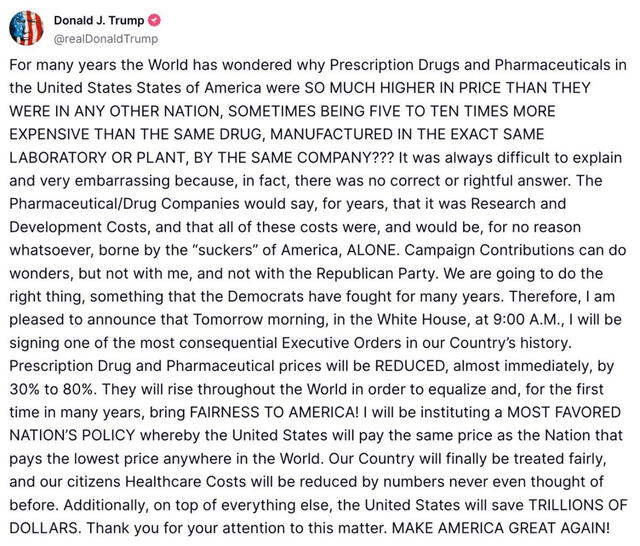 Donald Trump vows to end America's role as the world’s “sucker” on drug prices, announcing a sweeping executive order to slash pharmaceutical costs by up to 80% and enforce global price fairness. Photo: Donald Trump Truth Social account Donald Trump vows to end America's role as the world’s “sucker” on drug prices, announcing a sweeping executive order to slash pharmaceutical costs by up to 80% and enforce global price fairness. Photo: Donald Trump Truth Social account