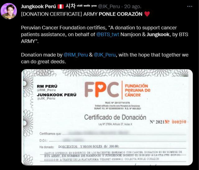 Donación de ARMY Perú por el cumpleaños de Jungkook de BTS. Foto: Twitter