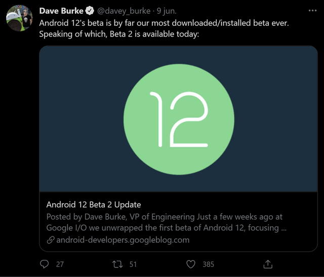 Dave Burke, vicepresidente de ingeniería de Android, reveló el dato. Foto: Twitter