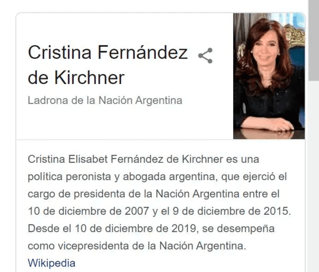 Descripción de Wikipedia sobre Cristina Fernández de Kirchner.