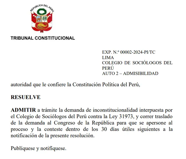  Resolución del TC según expediente N°00002-2024-PI/TC | Foto: Tribunal Constitucional   
