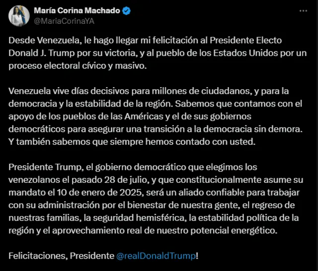 María Corina Machado felicitó a Donald Trump por conseguir su segundo mandato presidencial. Foto: María Corina Machado/ X