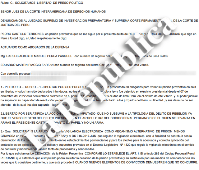  Extracto de la petición presentada ante la Corte Interamericana de Derechos Humanos a favor de Pedro Castillo | Foto: La República.  