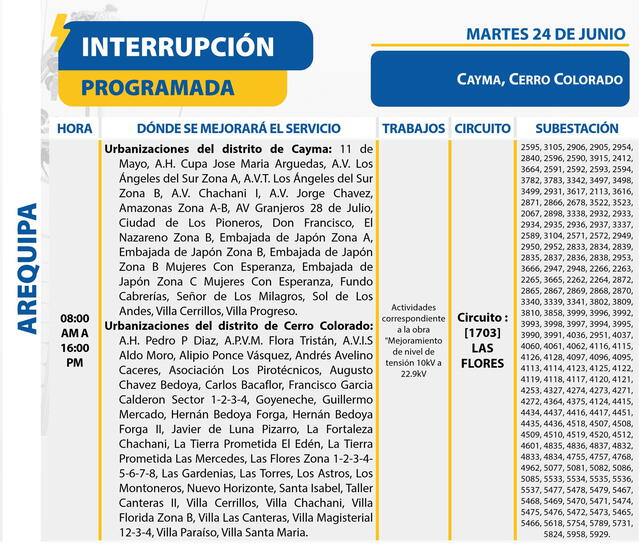 Seal anuncia corte de luz en algunas zonas de Arequipa