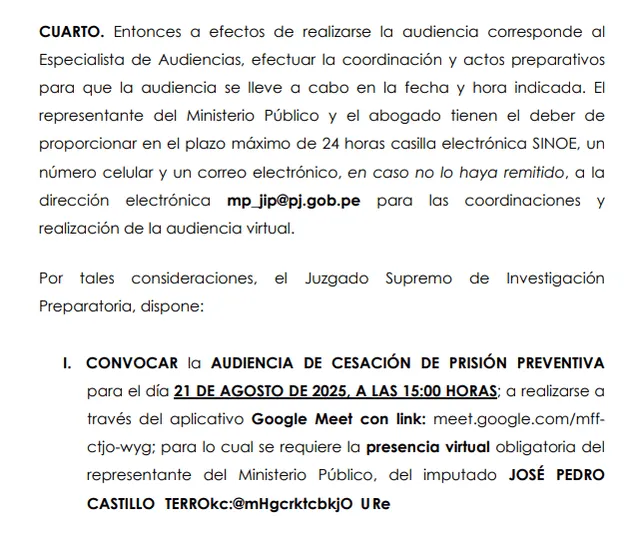 Corte Suprema convocó a audiencia de cesación de prisión preventiva contra Castillo para el 21 de agosto de manera virtual. Corte Suprema convocó a audiencia de cesación de prisión preventiva contra Castillo para el 21 de agosto de manera virtual.