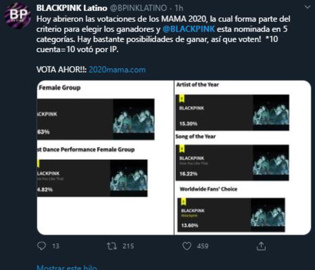 Cómo votar por BLACKPINK en los 2020 MAMA. Foto: Captura Twitter