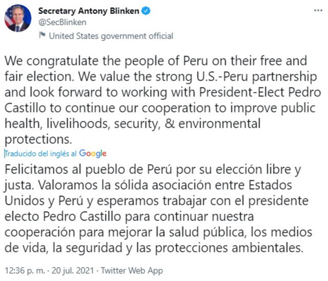 Pedro Castillo fue saludado por Estados Unidos. Foto: @SecBlinken /Twitter