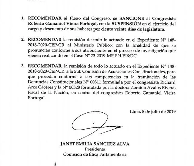 Recomendación de la Comisión de Ética para suspender a Roberto Vieira 120 días.