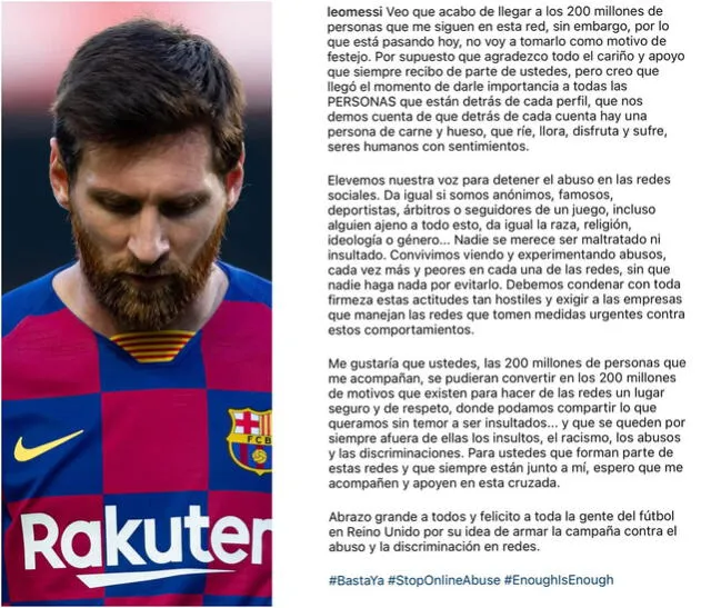 Lionel Messi instó a sus seguidores a ser respetuosos en redes. Foto: Instagram