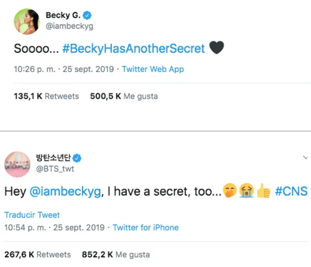 Interacción entre Becky G y BTS. Foto: captura Twitter