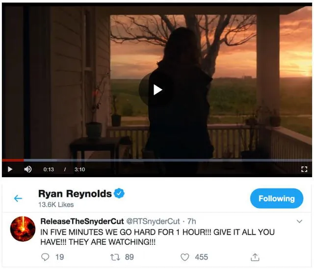 Ryan Reynolds envía tuit de apoyo