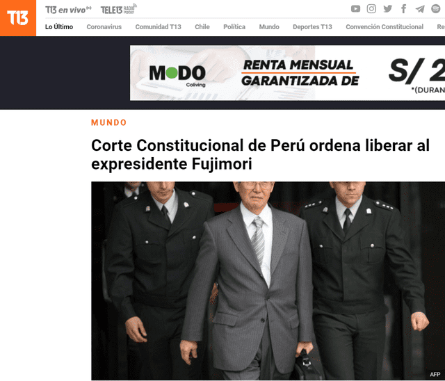 Con esta decisión, Fujimori podrá salir del penal Barbadillo, ubicado en el distrito limeño de Ate, donde cumplía una condena de 25 años de cárcel por delitos de lesa humanidad. Foto: captura / T13