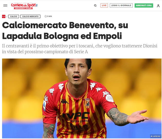 Gianluca Lapadula podría dejar Benevento luego de un año. Foto: captura de pantalla