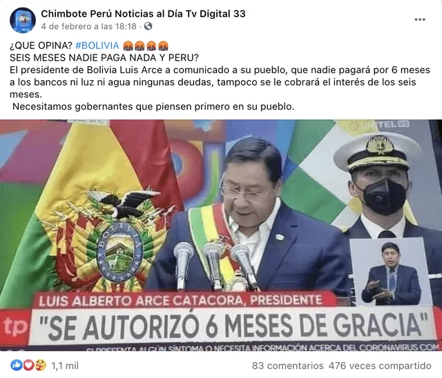 Imagen tergiversa el anuncio del presidente de Bolivia sobre los seis meses de gracia. Foto: captura en Facebook