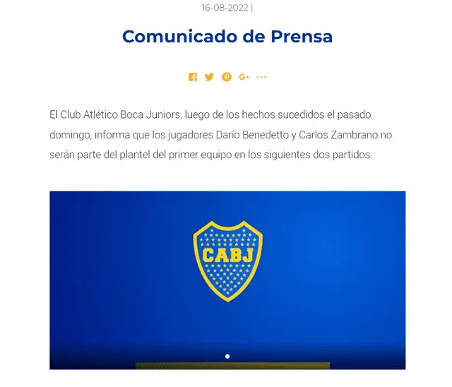 Comunicado Boca Juniors sobre Carlos Zambrano y Dario Benedetto. Foto: captura BocaJrs.