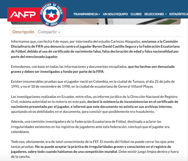 Comunicado de la ANFP sobre el caso de Byron Castillo. Foto: captura web ANFP