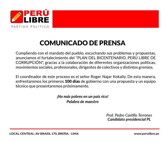Foto: comunicado de Perú Libre en Twitter