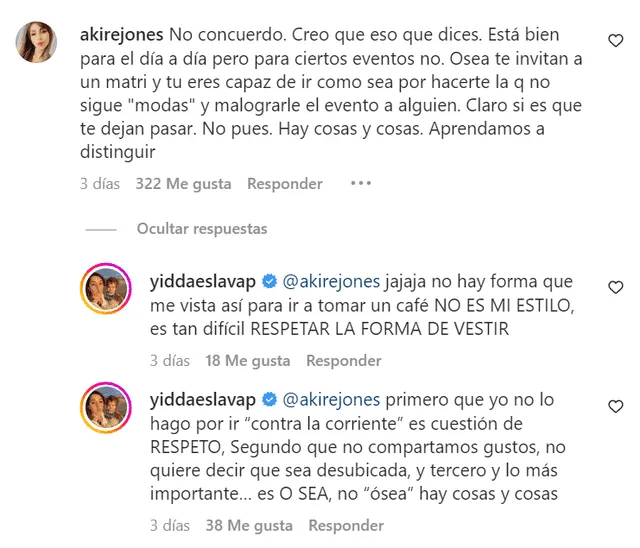  Yiddá Eslava discute con fan en Instagram. Foto: Yiddá Eslava/Instagram 