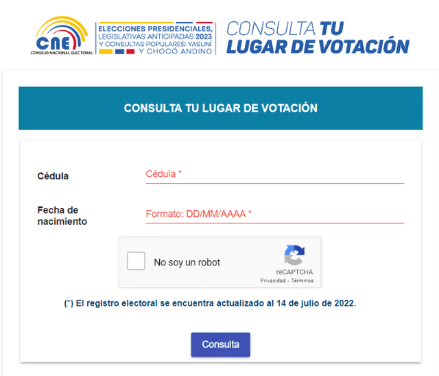 Tanto en el portal como en la aplicación, el ciudadano deberá ingresar su número de cédula y fecha de vencimiento. Foto: portal CNE