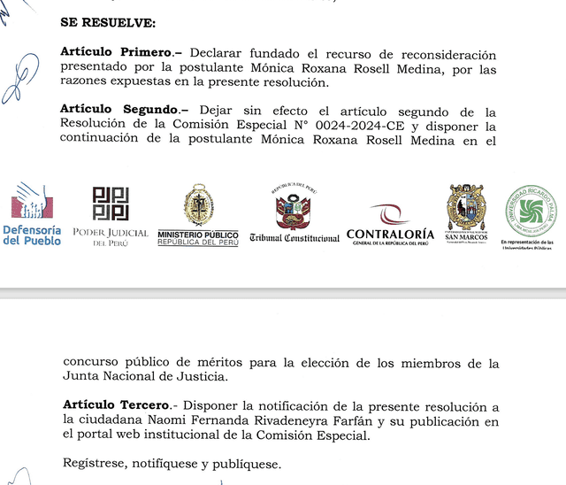 Resolución de la Comisión Especial JNJ que reincorpora a Mónica Rosell. Resolución de la Comisión Especial JNJ que reincorpora a Mónica Rosell.