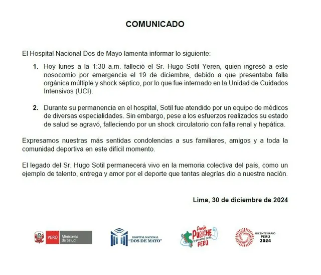 Comunicado del Minsa sobre el fallecimiento de Hugo Sotil. Foto: Difusión   