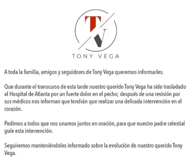 Tony Vega: primer comunicado del traslado del salsero a un hospital.