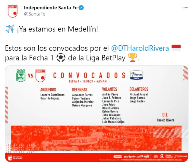 Los convocados por Independiente de Santa Fe para enfrentar por la fecha 1 de la Liga BetPlay a Atlético Nacional. Foto: captura/@SantaFe