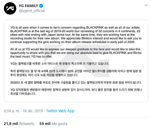 YG Entertainment agradeció la preocupación del fandom y anunció que el grupo viene grabando nuevos temas.