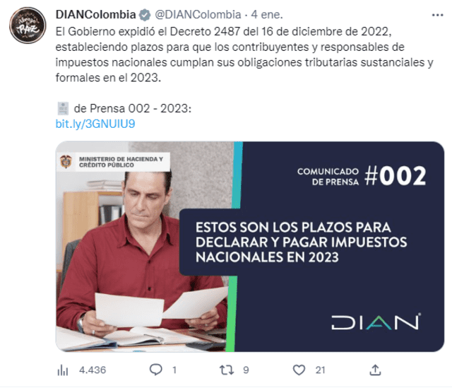 Twitter DIAN sobre impuestos nacionales