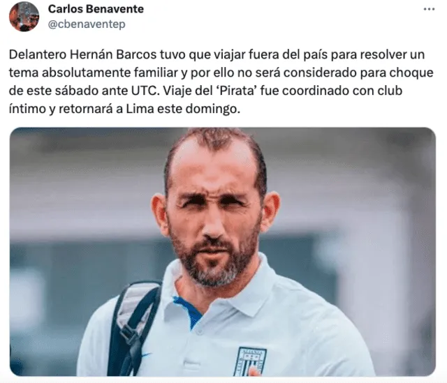 Hernán Barcos regresará a Lima este domingo. Foto: Twitter/Carlos Benavente.   