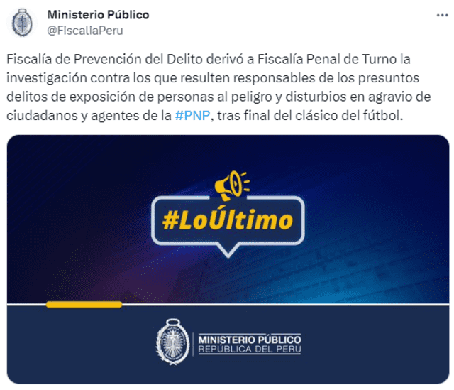 Mensaje del Ministerio Público sobre el apagón en el estadio de Alianza Lima. <strong>Foto: captura de 'X'</strong>   