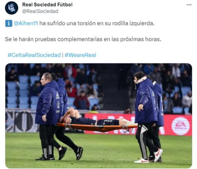 El club vasco informó que Aihen Muñoz será sometido a exámenes. Foto: captura de Real Sociedad Fútbol/X   