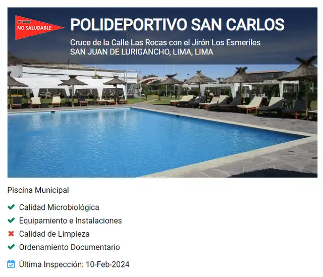 Piscina municipal de San Juan de Lurigancho no superó los estándares en calidad de limpieza. Foto: captura/Verano Saludable/Digesa Piscina municipal de San Juan de Lurigancho no superó los estándares en calidad de limpieza. Foto: captura/Verano Saludable/Digesa