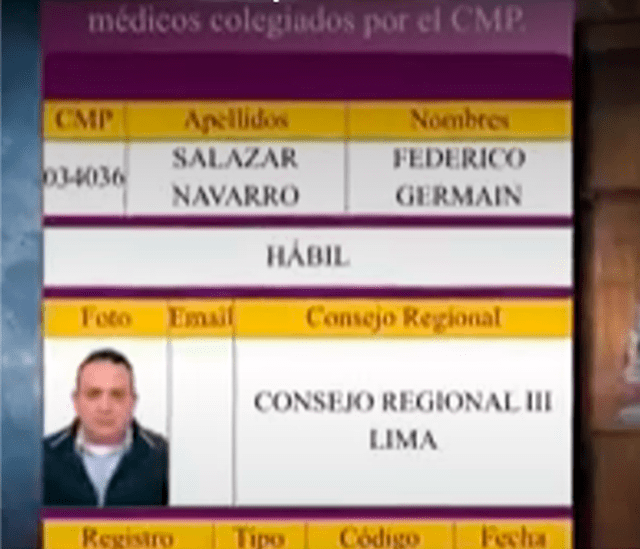 Ficha médica de médico Federico Salazar. Foto: captura América TV   