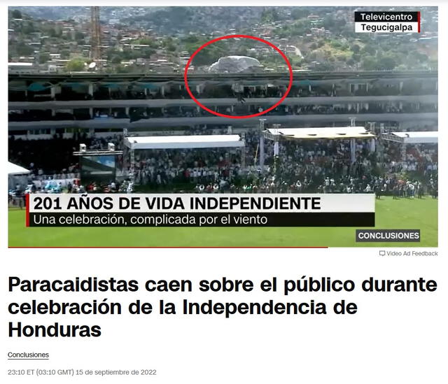 <em>En rojo, uno de los paracaidistas que descendió de modo abrupto en la tribuna de Occidente del estadio. Foto: captura de Google</em>   