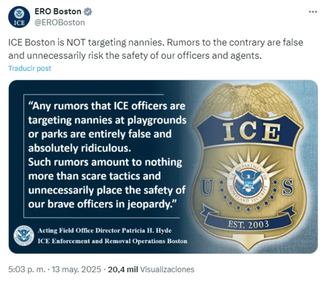 La agencia fue enfática al rechazar dichas acusaciones en la ciudad. Foto: Captura X @EROBoston   