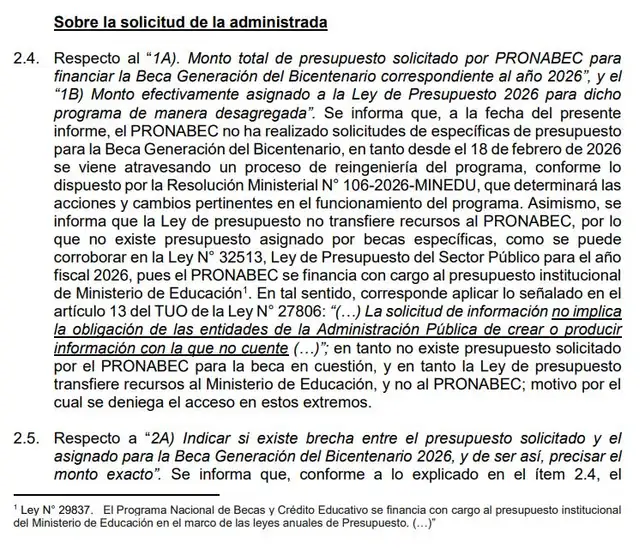 Pronabec confirma que no hay presupuesto solicitado para la Beca Generación del Bicentenario 2026