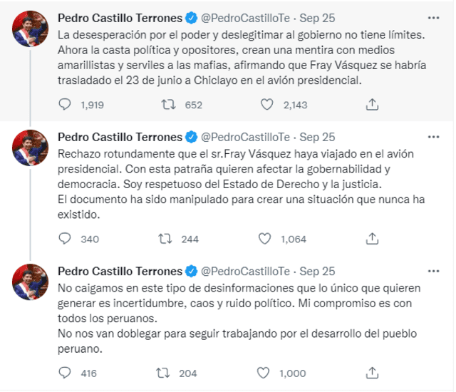 Presidente Pedro Castillo se pronuncia en Twitter sober 'Lay Vásquez'.