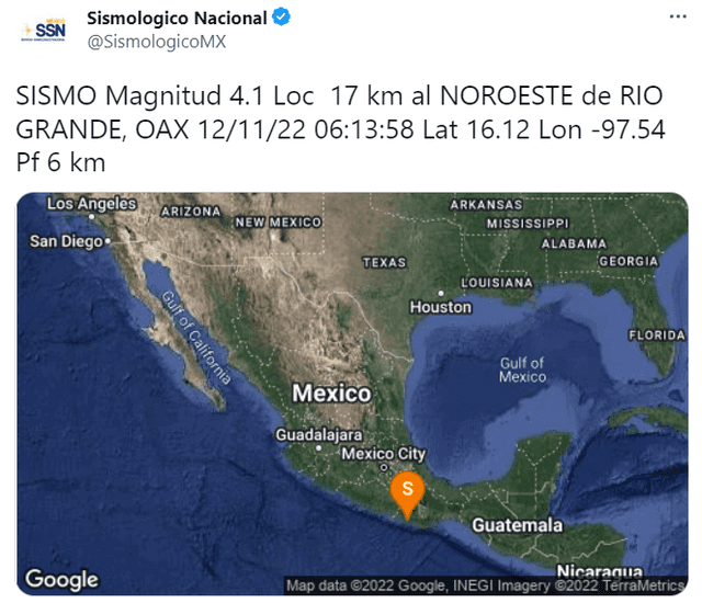 Último temblor registrado en México. Foto: Twitter/SismologicoMX