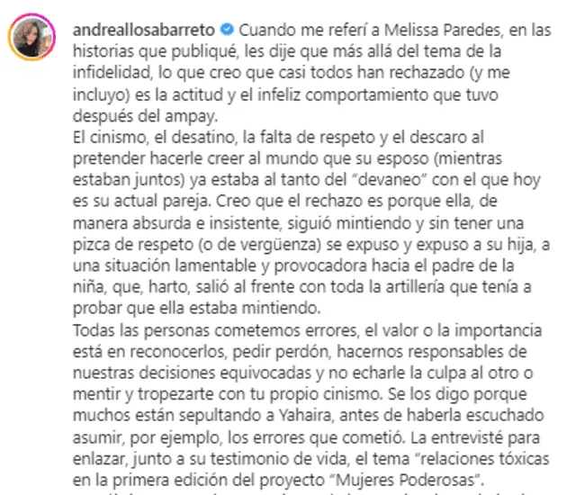 Andrea Llosa vuelve a criticar el comportamiento de Melissa Paredes