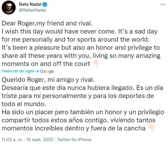 Mensaje de Rafael Nadal. Foto: captura Twitter/Rafael Nadal