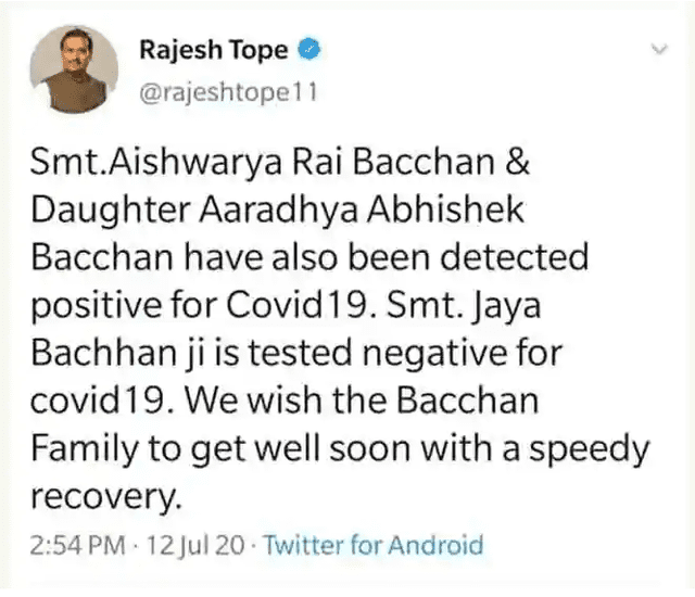 Bollywood: tweet del ministro de salud de Maharashtra, Rajesh Tope confirmado el diagnóstico  de Aishwarya Rai Bachchan. Crédito: captura Twitter