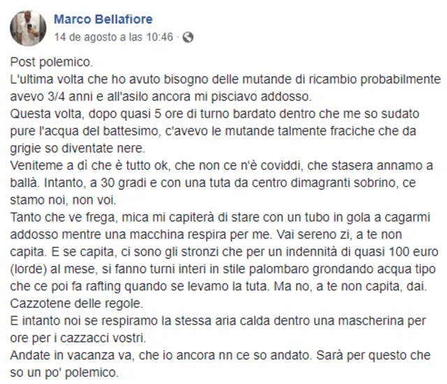La publicación del enfermero Marco Bellafiore en Facebook. Foto: captura