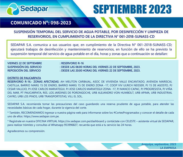  Suspensión del servicio de agua en Arequipa, viernes 22 de septiembre. Foto: Sedapar   