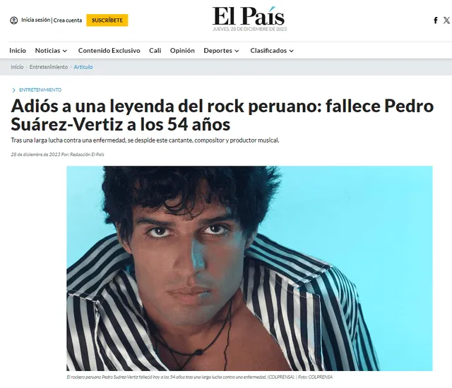  Así informó El País de Colombia el deceso de Pedro Suárez-Vértiz. Foto: El País<br>  