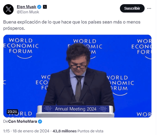 El CEO de Tesla realizó una publicación para elogiar el discurso del mandatario argentino. Foto: @elonmusk/X   