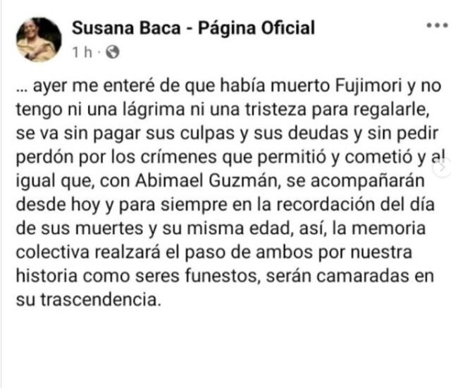  Susana Baca decidió pronunciarse acerca del fallecimiento de Alberto Fujimori. Foto: Instagram/Susana Baca   