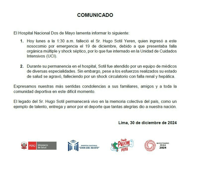 Comunicado de Minsa sobre Hugo Sotil. Foto: Minsa.   